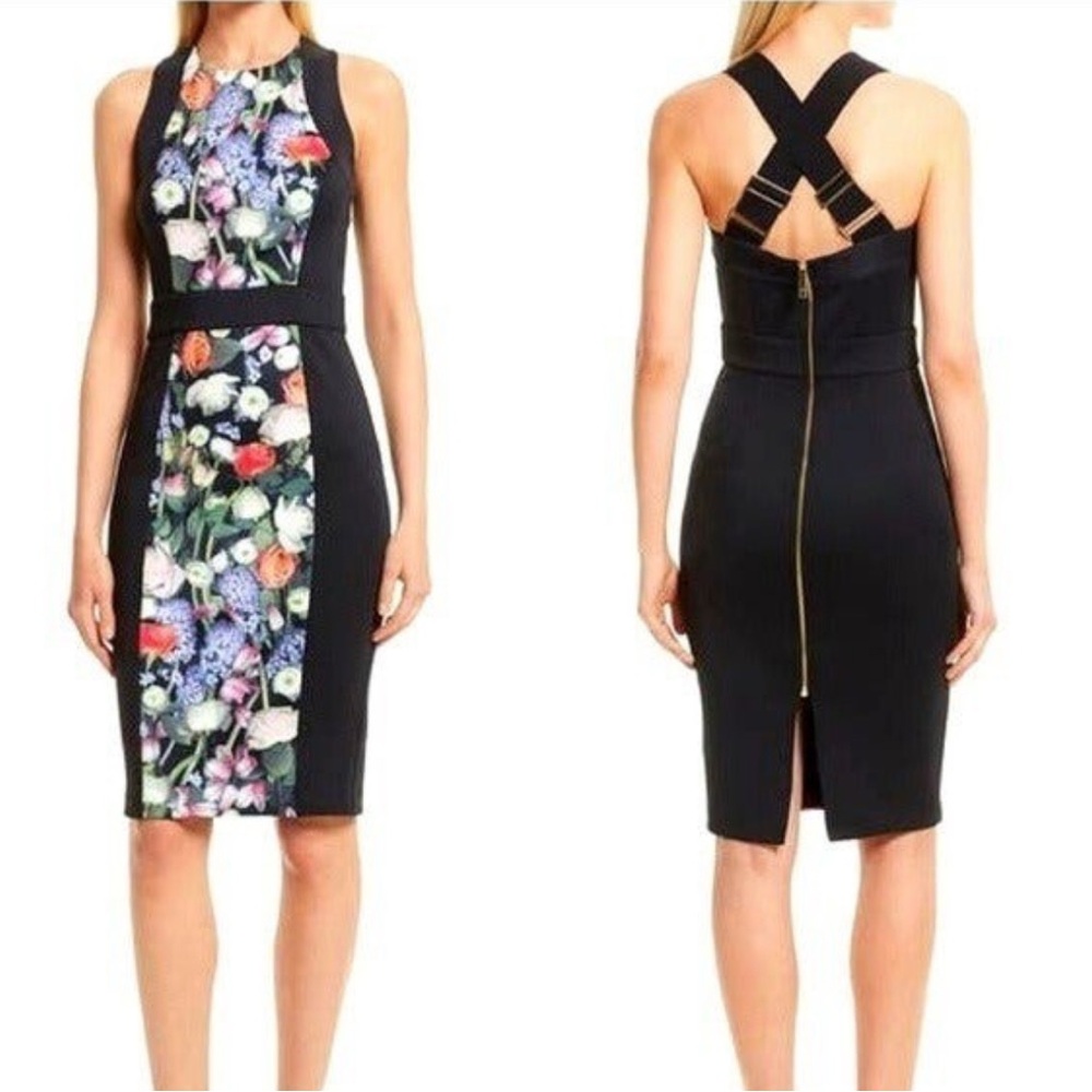 NWT new Ted Baker London Black Dress with Floral Panel
